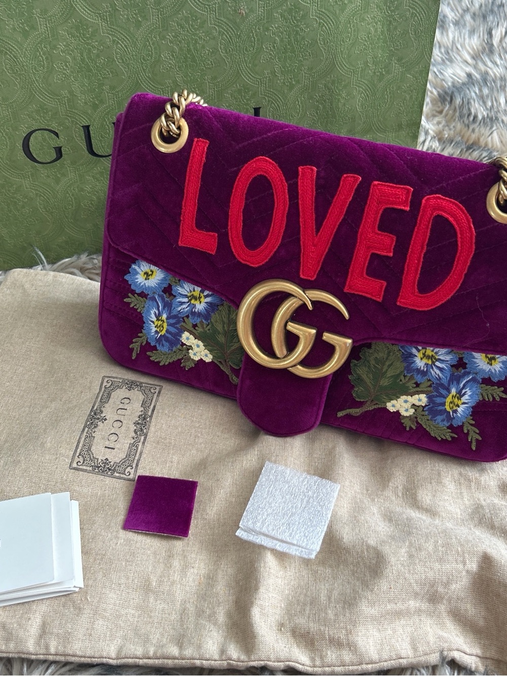 Gucci Purple Velvet 'LOVED' GG Shoulder Bag with Floral Embroidery